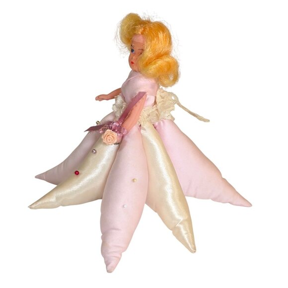 Vintage Pincushion Doll Satin Skirt Pink Blonde Sewing Pin Holder 1950s Handmade - Picture 6 of 8